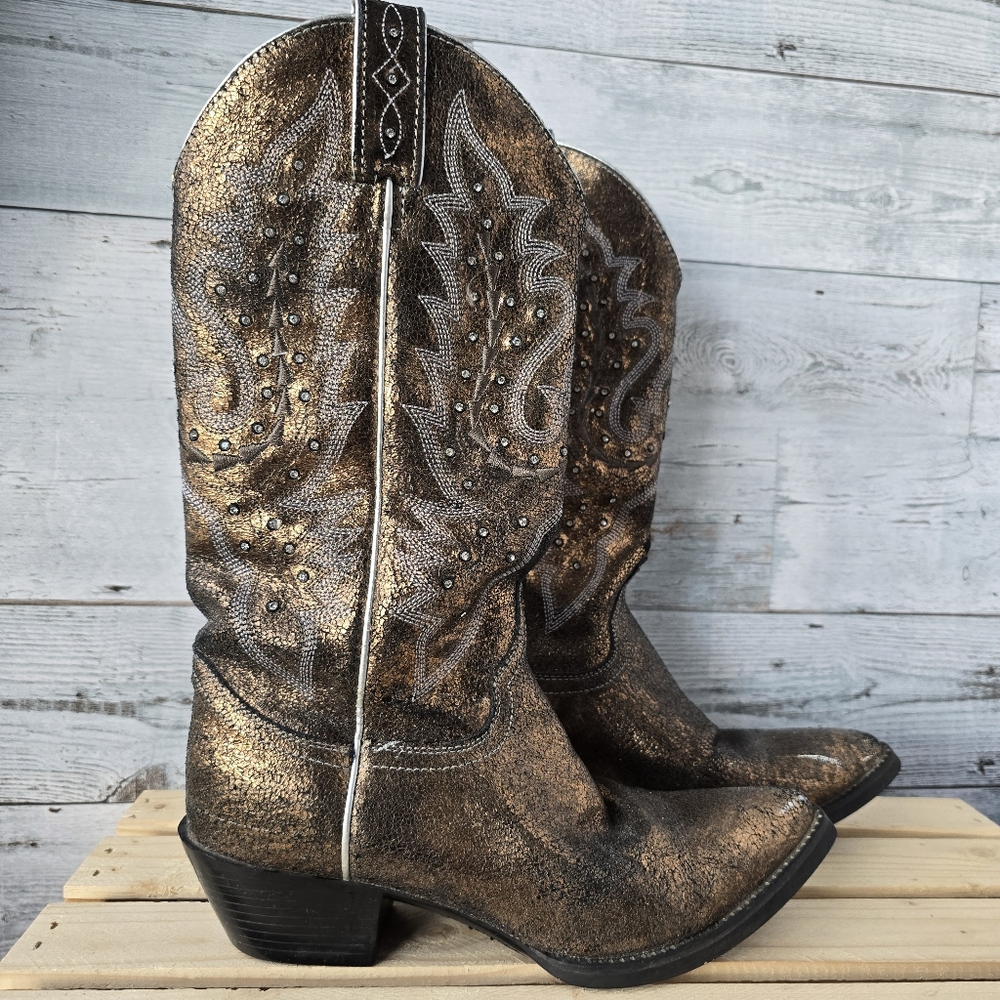 Justin Bronze Metallic Snip Toe Western Rhinestone Cowgirl Boots Size 6.5B
